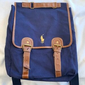 Ralph Lauren Fragrances Navy Cotton Backpack Messenger Bag Faux Leather Gold Log